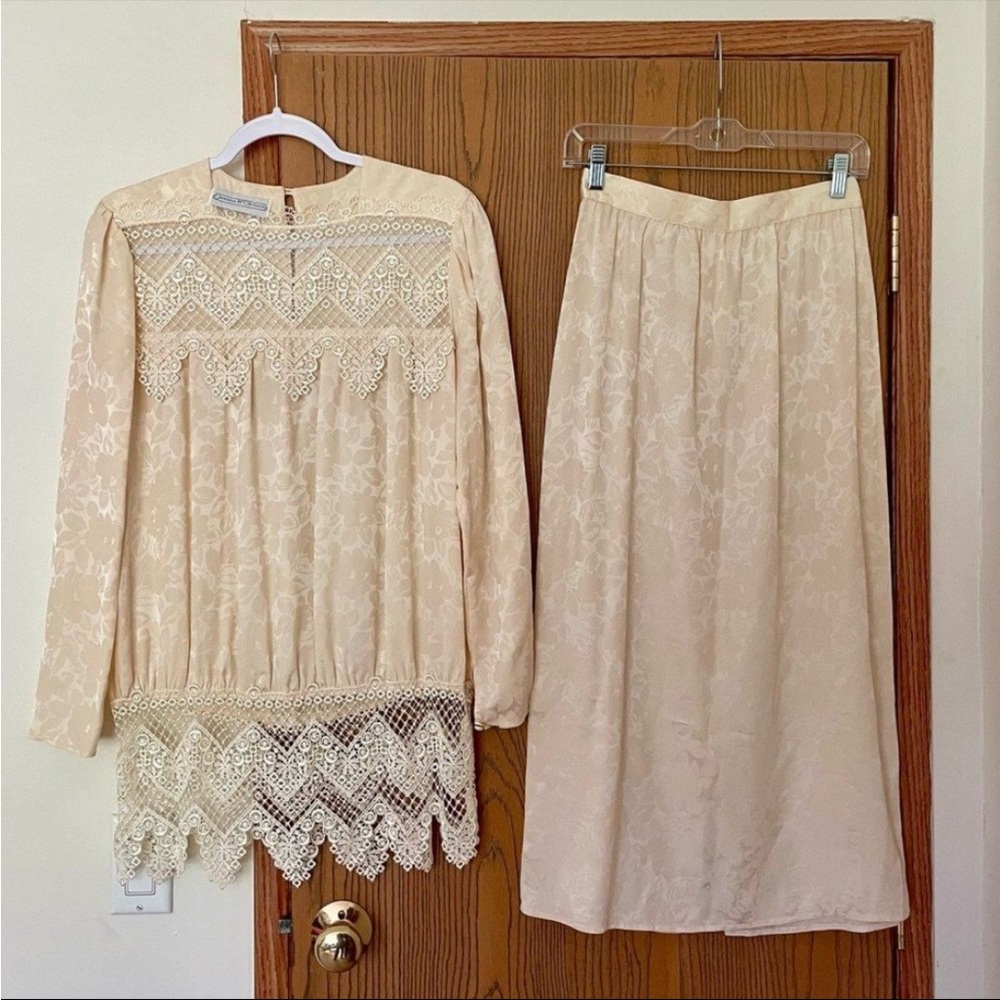 Vintage Victorian Jessica McClintock 100% Silk Blouse Skirt Set Cream Lace